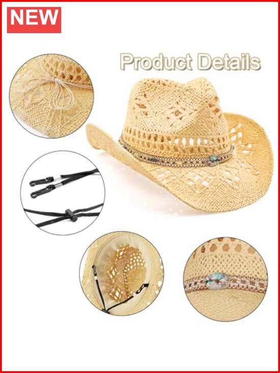 Straw Cowboy Hat Shapeable Brim Western Sun Protection main image 4